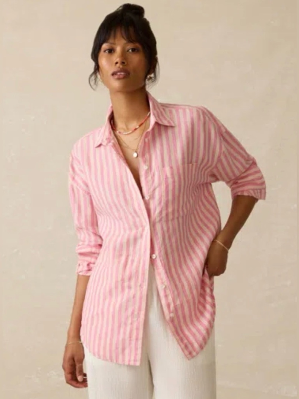 Faherty Laguna Linen Relaxed Shirt In Pink Lucy Stripe